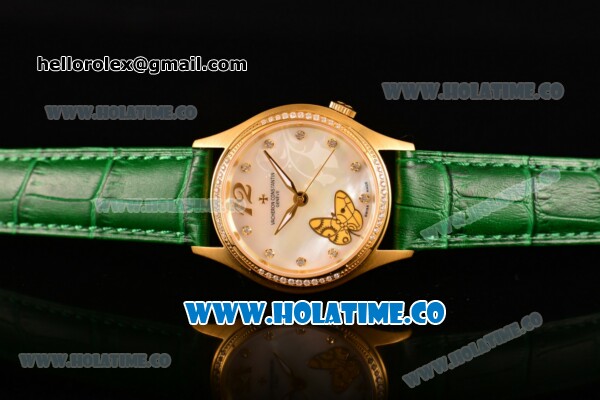 Vacheron Constantin Metiers d'Art Swiss ETA 2824 Automatic Yellow Gold Case with White MOP Dial Green Leather Strap and Diamonds Bezel - Click Image to Close